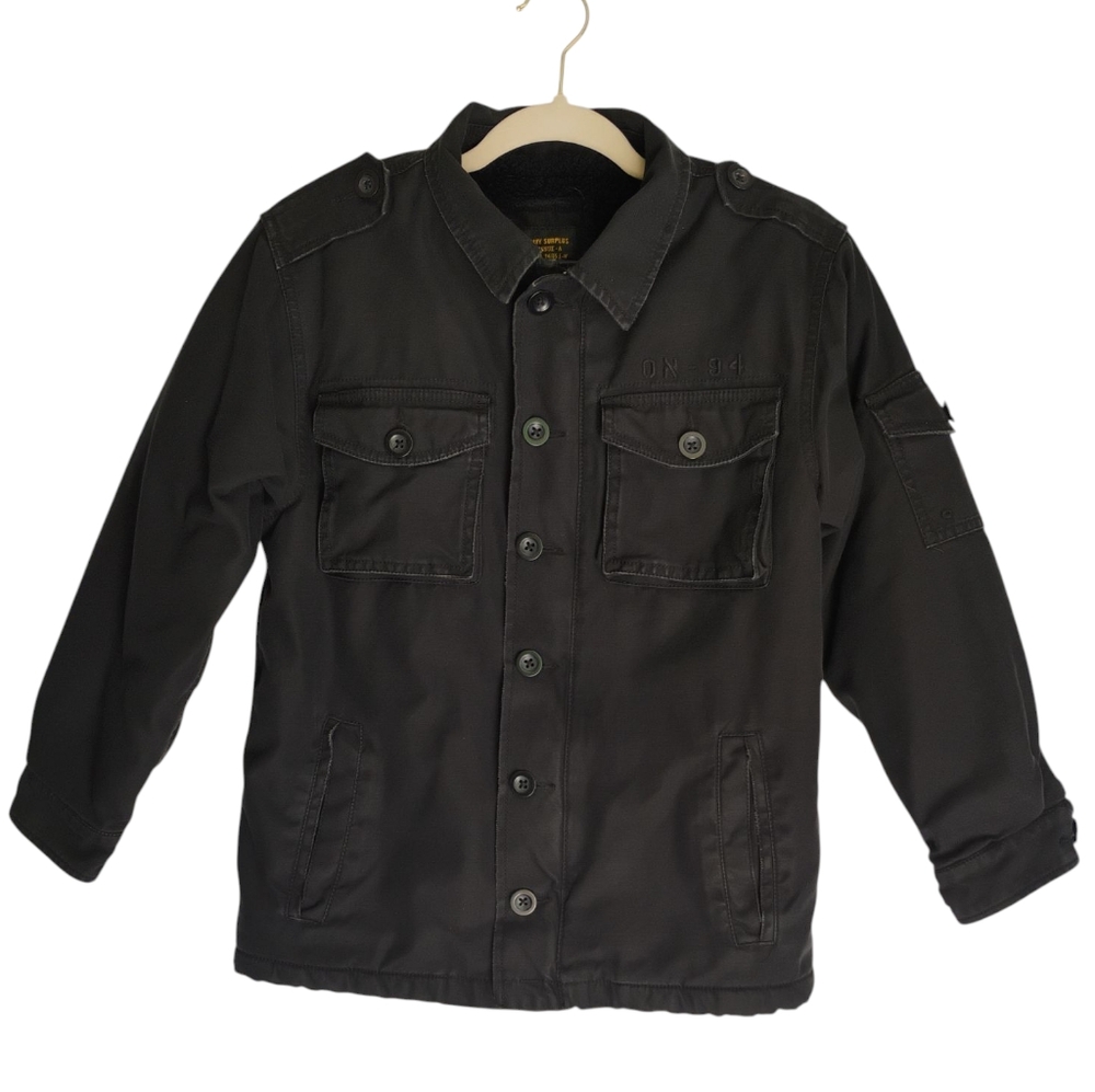 WARM Old Navy Surplus Coat Boys Sz L Black Zip/Button Down Cotton Serpa Lined Y1